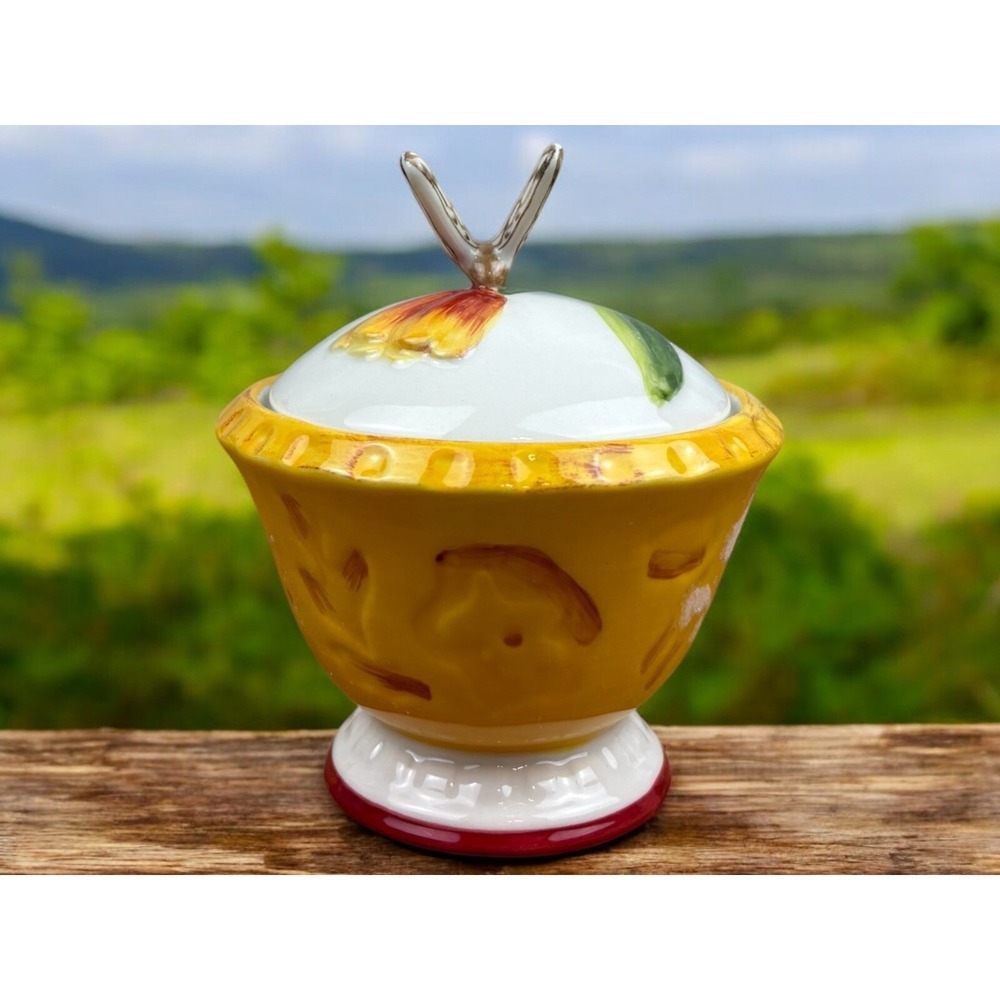 Fitz & Floyd Sugar Dish Bowl Flower Market Yellow Red White Butterfly
